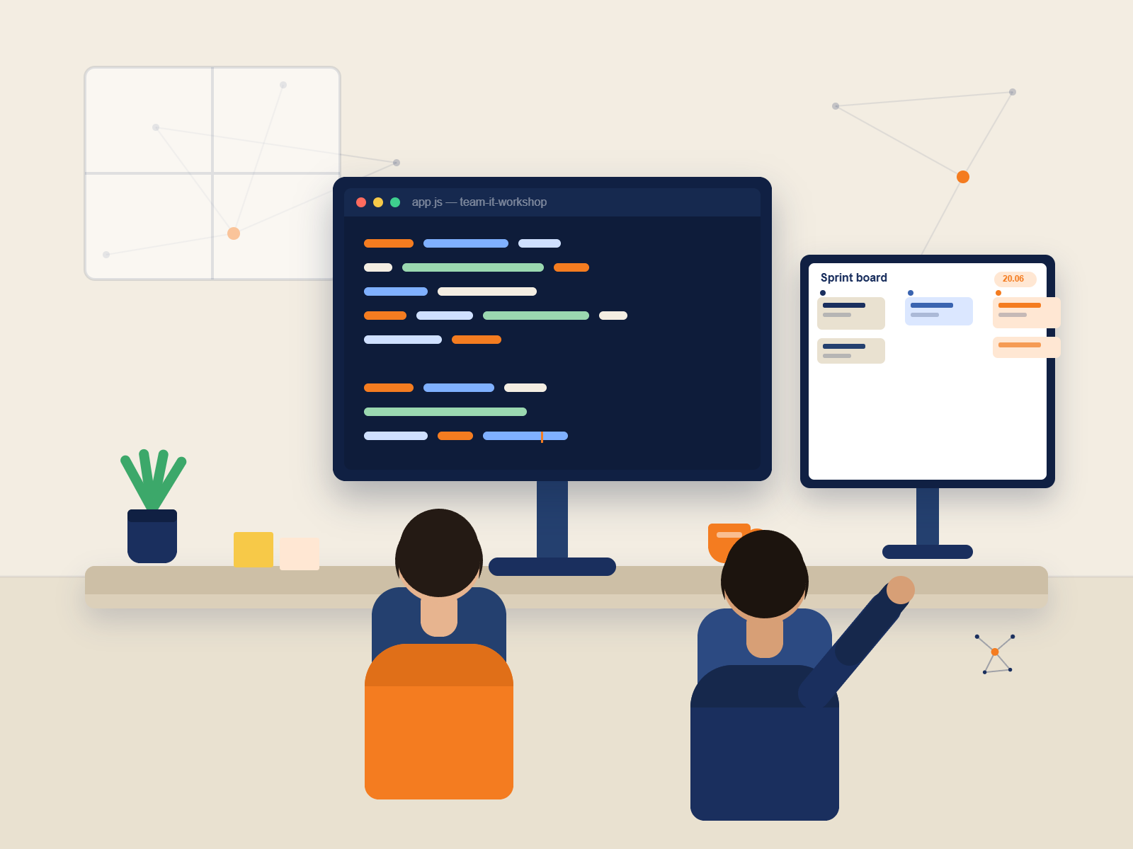 Học sinh và mentor cùng làm việc trước màn hình code tại Vocational Lab — workshop Một ngày làm việc trong team IT